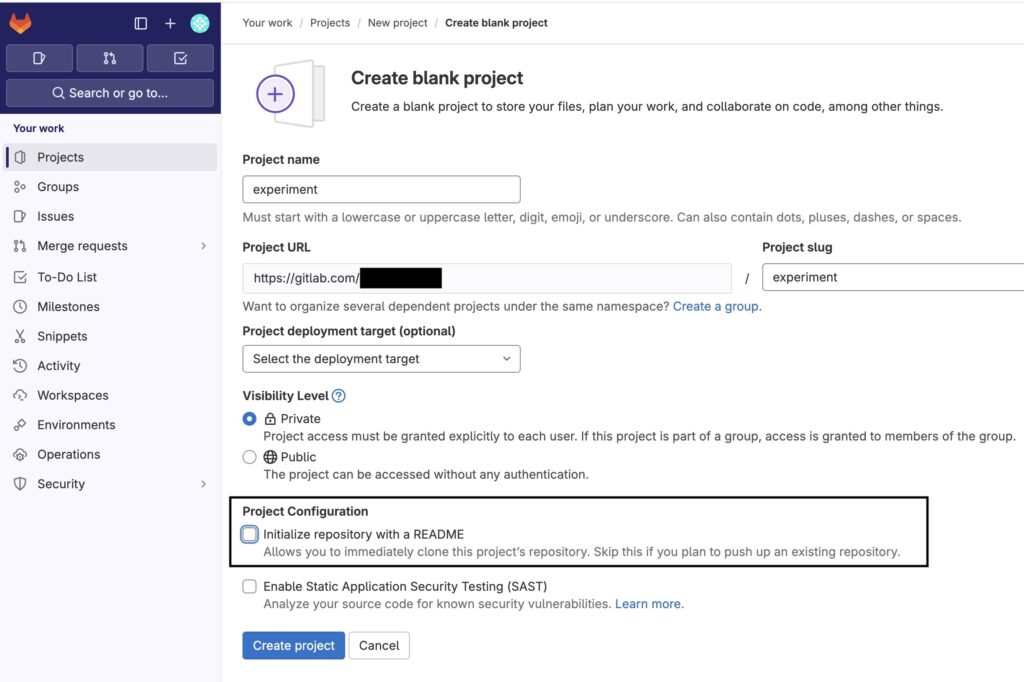 Gitlab Project Creation Page : VS Code Dev Containers and Git